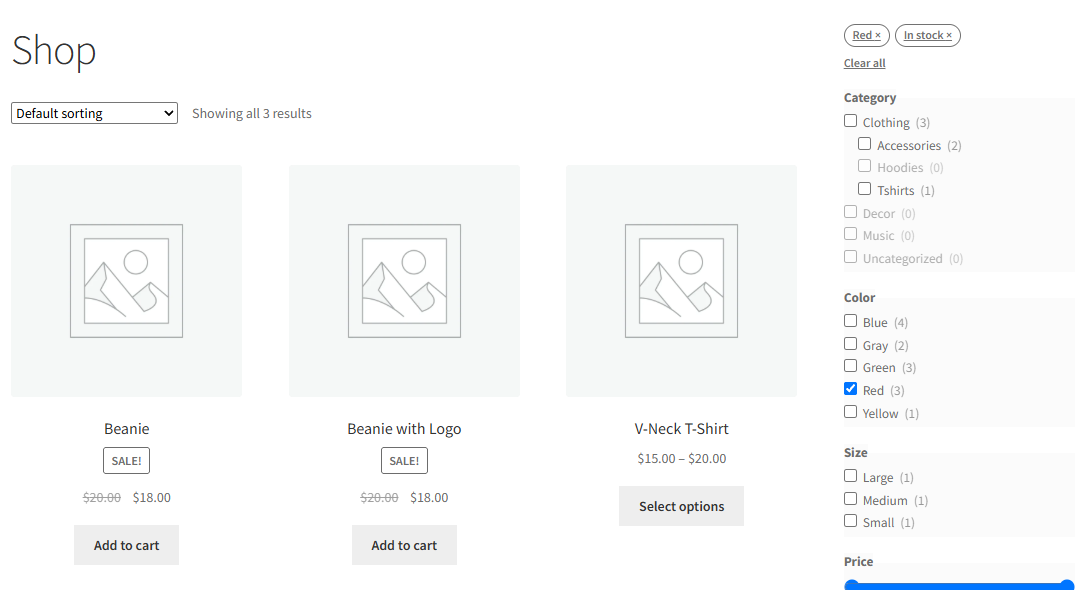 A shop page in a classic theme, with the filter set in the sidebar: the chips Red and In stock, Red (3) and In stock (3) ticked, and the shop saying it shows all 3 results.