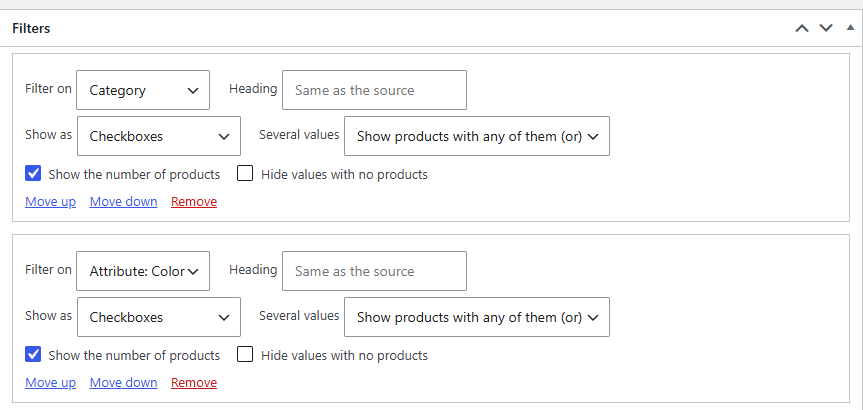 The filter set editor: a Category filter and an Attribute: Color filter, each with a choice of display, any-or-all logic and checkboxes for showing counts and hiding empty values.
