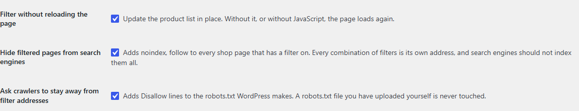 Two Settings rows, both ticked: Hide filtered pages from search engines, which adds noindex, follow, and Ask crawlers to stay away from filter addresses, which adds Disallow lines to robots.txt.