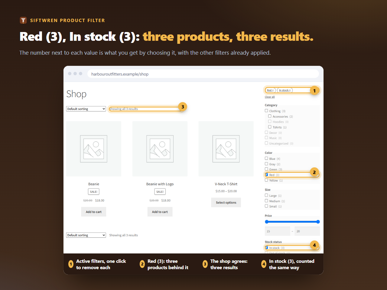 The filter set in the left sidebar of a shop page, with the chips at the top and a count beside every value.