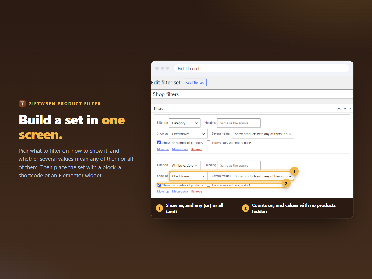 The filter set editor with an Attribute: Color filter set to checkboxes and any-of-them logic.