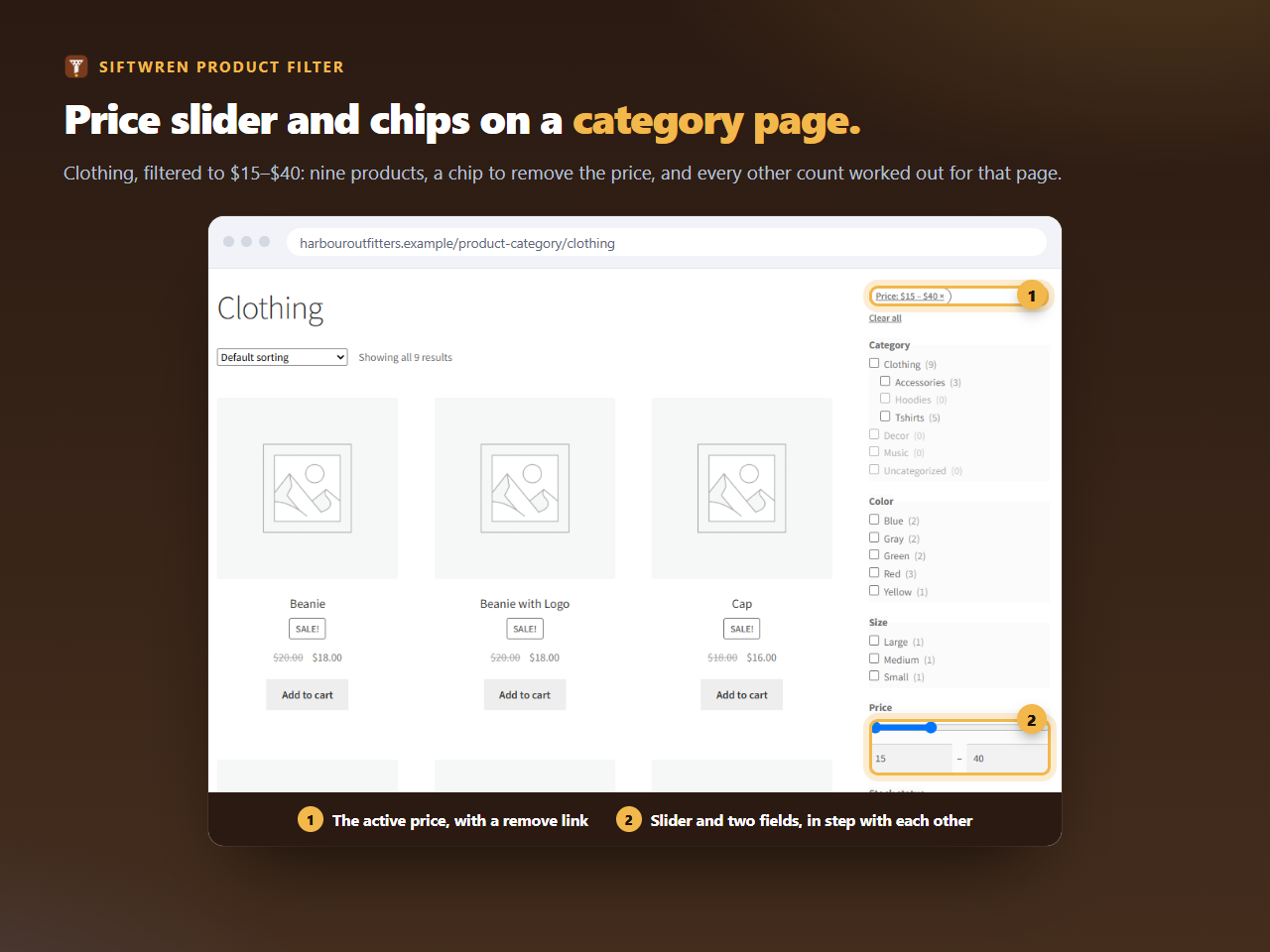 A category page filtered to a price range: the chip for the price and the slider with its two number fields.