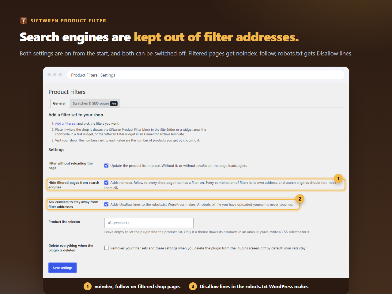 The Settings page with the two search engine rows ringed: noindex, follow, and the Disallow lines for robots.txt.